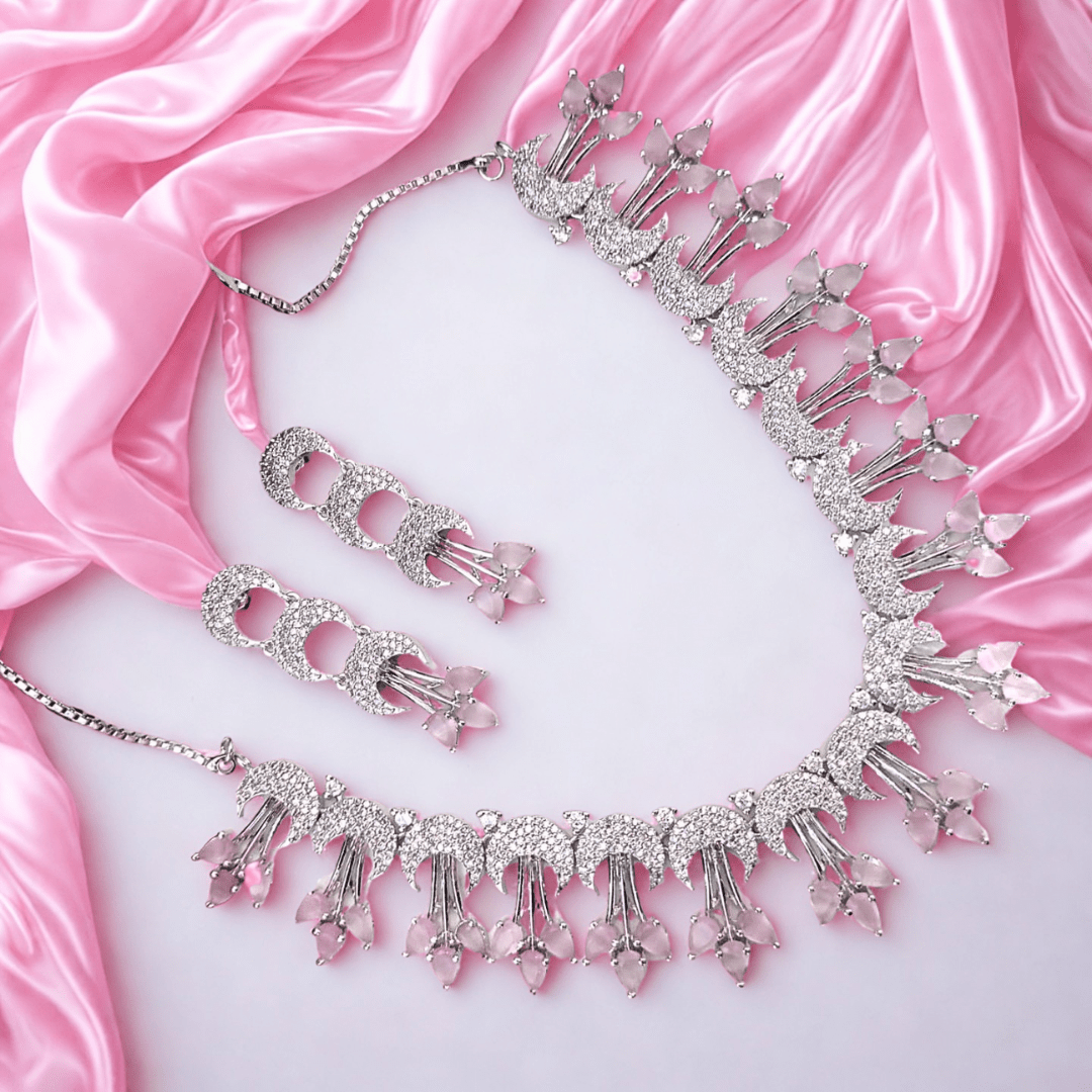 American Diamond Choker Necklace Set for Women - Bridal Party Wear Jewellery with Matching Earrings - Bellavera Jewels