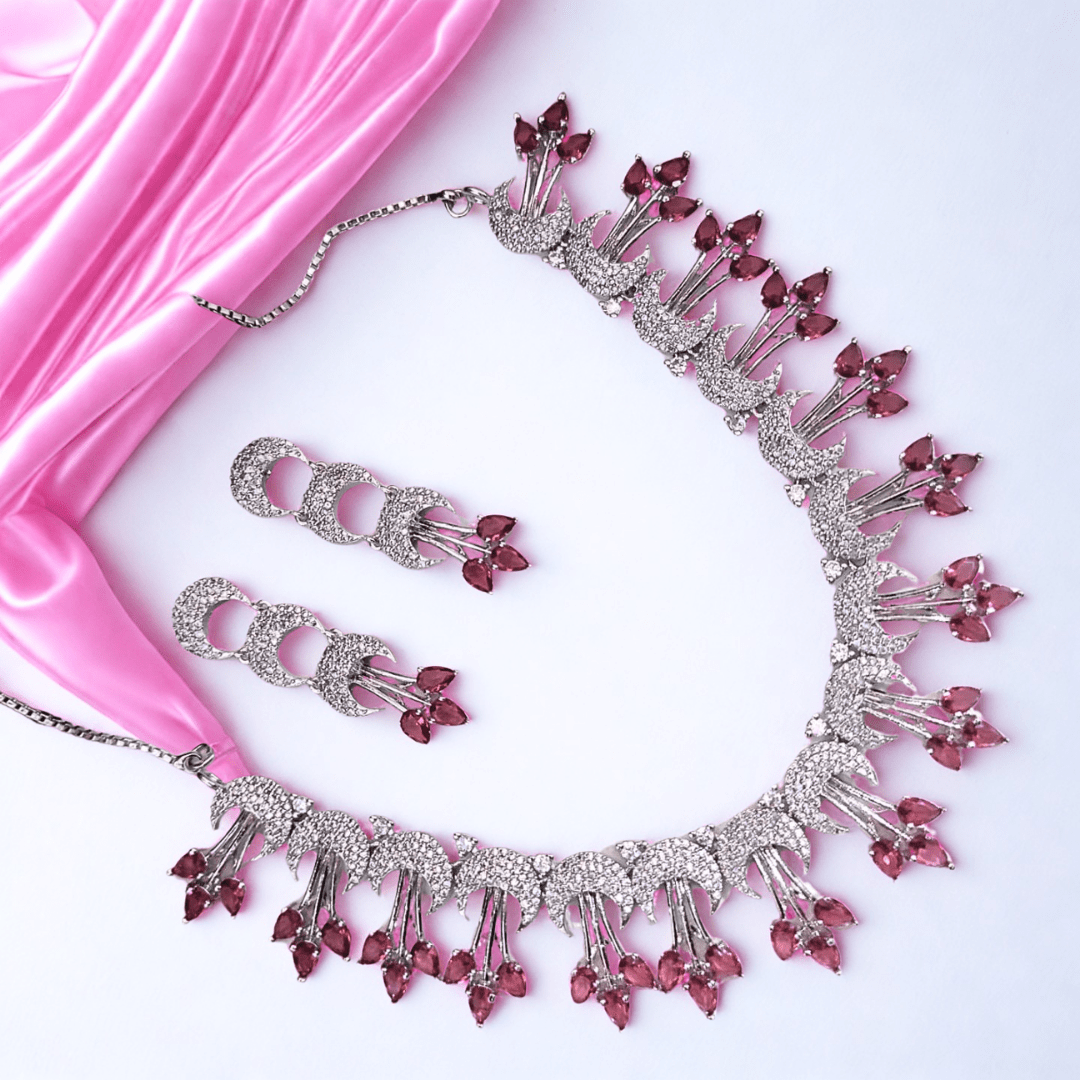 American Diamond Choker Necklace Set for Women - Bridal Party Wear Jewellery with Matching Earrings - Bellavera Jewels