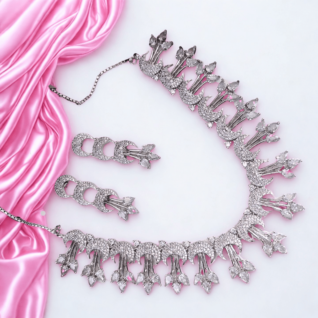 American Diamond Choker Necklace Set for Women - Bridal Party Wear Jewellery with Matching Earrings - Bellavera Jewels