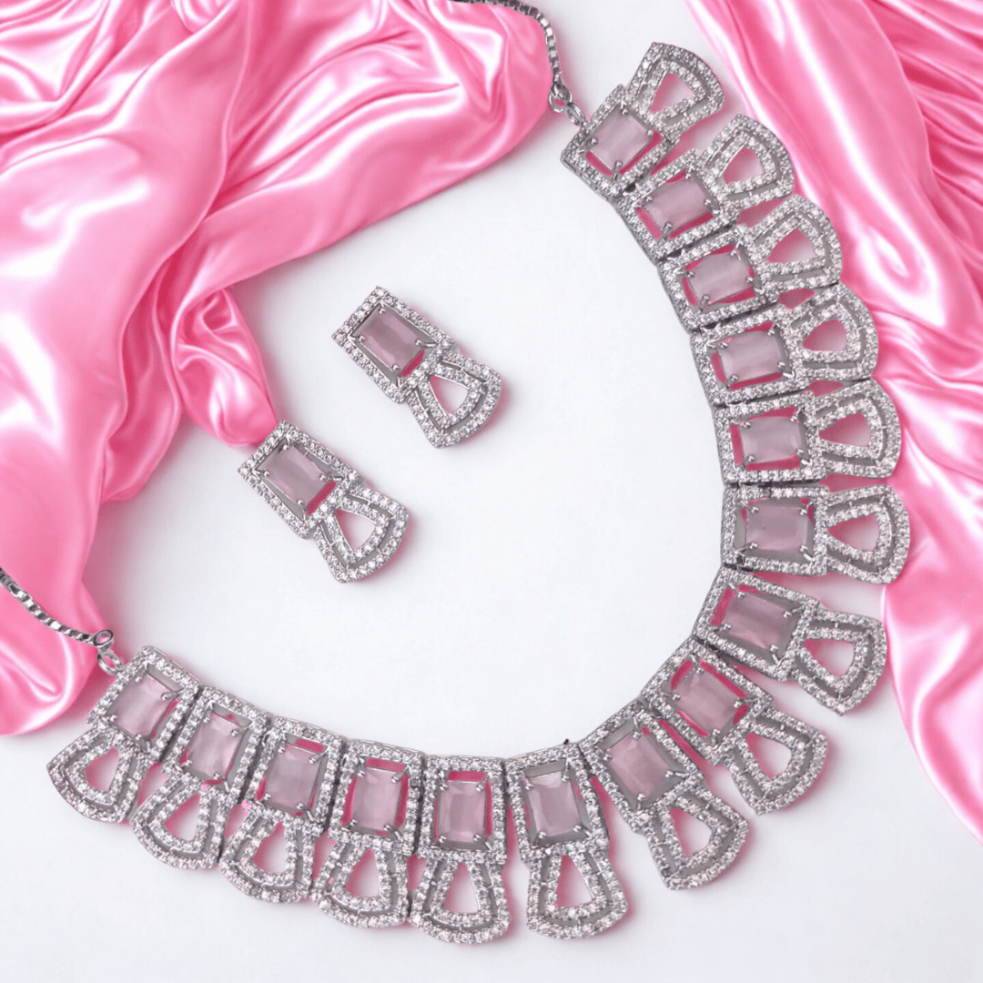 American Diamond Geometric Choker Necklace Set for Women - Pastel Stone Bridal Party Wear Jewellery - Bellavera Jewels