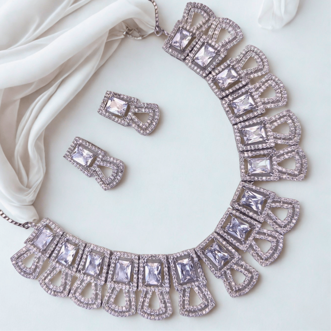 American Diamond Geometric Choker Necklace Set for Women - Pastel Stone Bridal Party Wear Jewellery - Bellavera Jewels