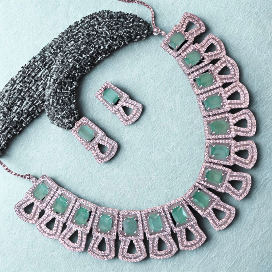 American Diamond Geometric Choker Necklace Set for Women - Pastel Stone Bridal Party Wear Jewellery - Bellavera Jewels