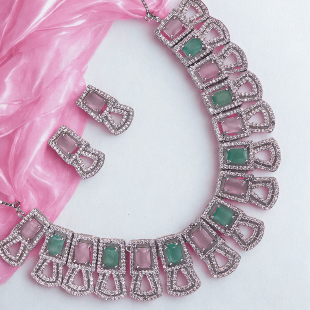 American Diamond Geometric Choker Necklace Set for Women - Pastel Stone Bridal Party Wear Jewellery - Bellavera Jewels