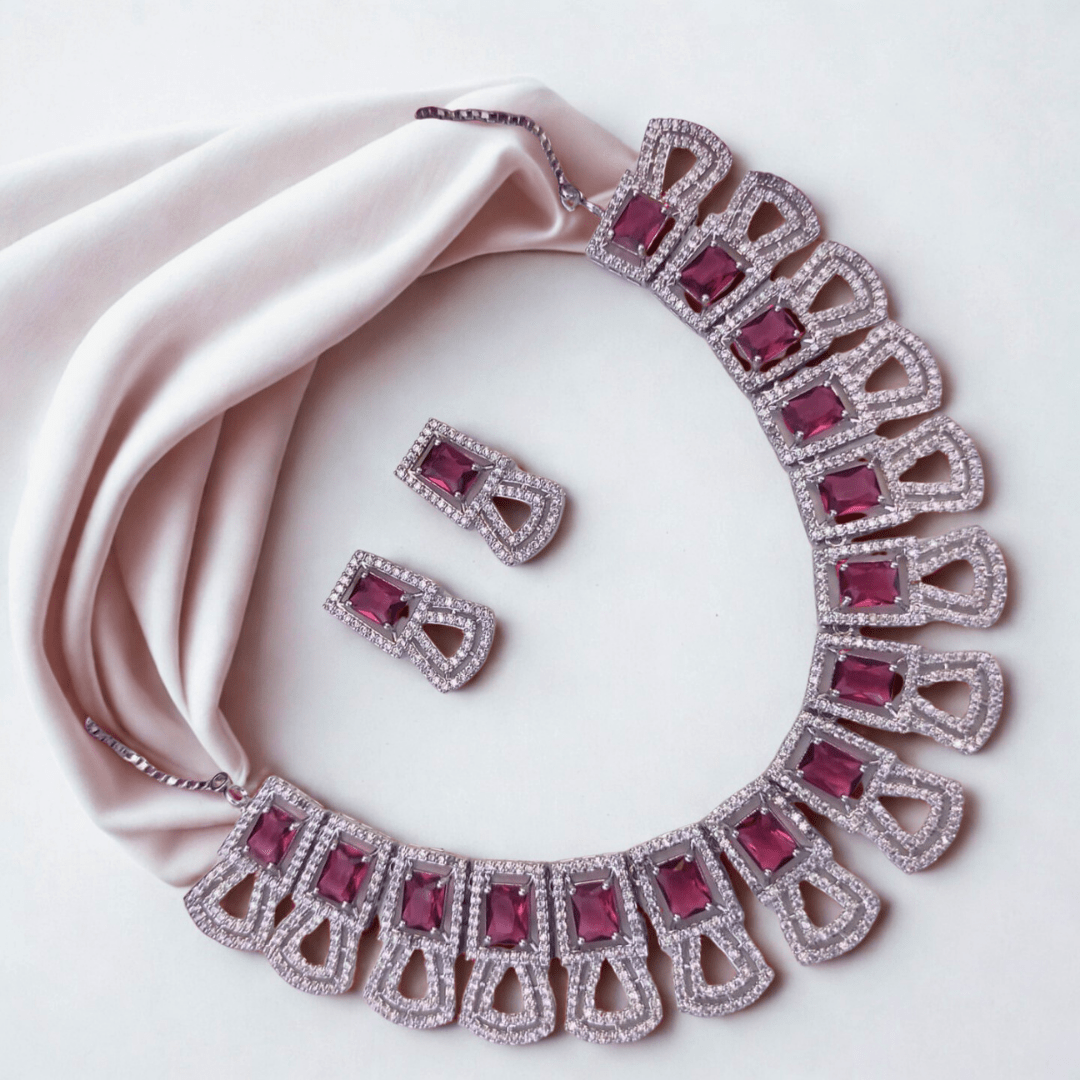American Diamond Geometric Choker Necklace Set for Women - Pastel Stone Bridal Party Wear Jewellery - Bellavera Jewels