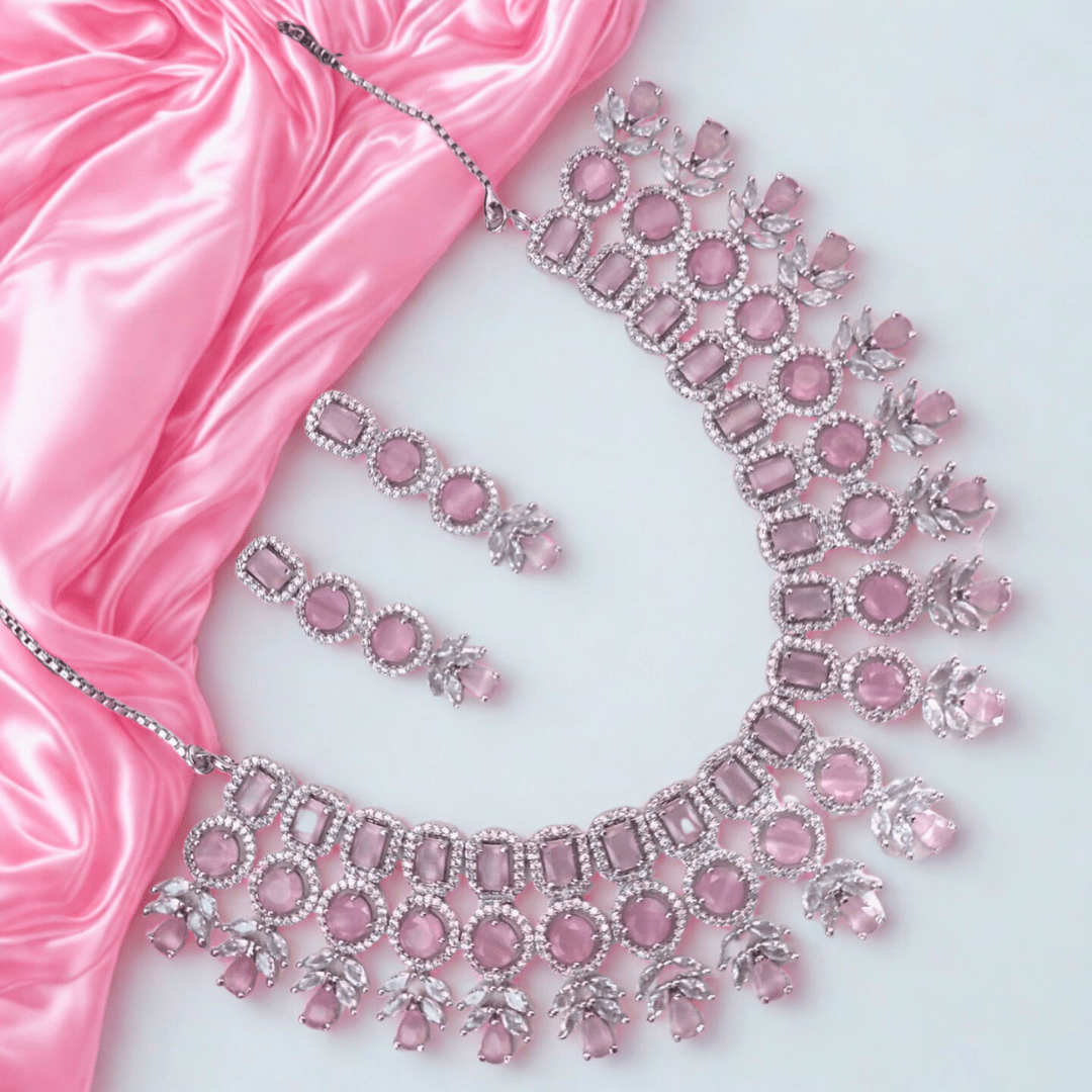 American Diamond Princess Layered Necklace Set for Women - Bridal Party Wear Choker with Drop Stones - Bellavera Jewels