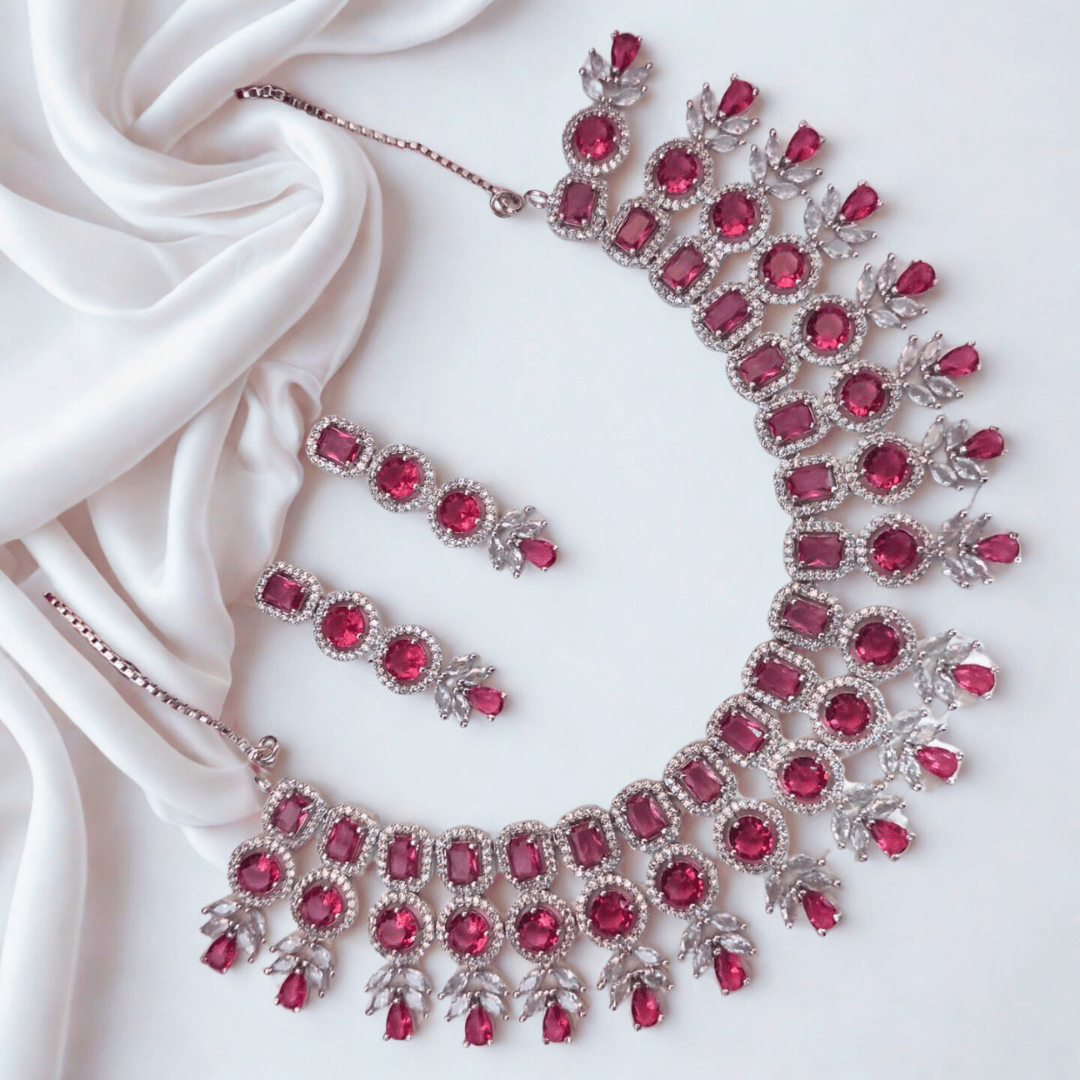 American Diamond Princess Layered Necklace Set for Women - Bridal Party Wear Choker with Drop Stones - Bellavera Jewels