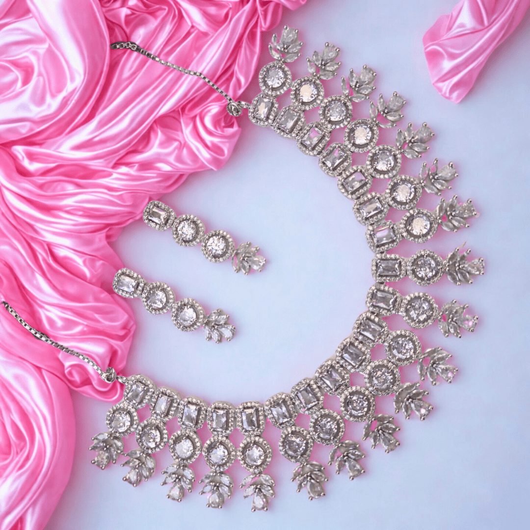 American Diamond Princess Layered Necklace Set for Women - Bridal Party Wear Choker with Drop Stones - Bellavera Jewels