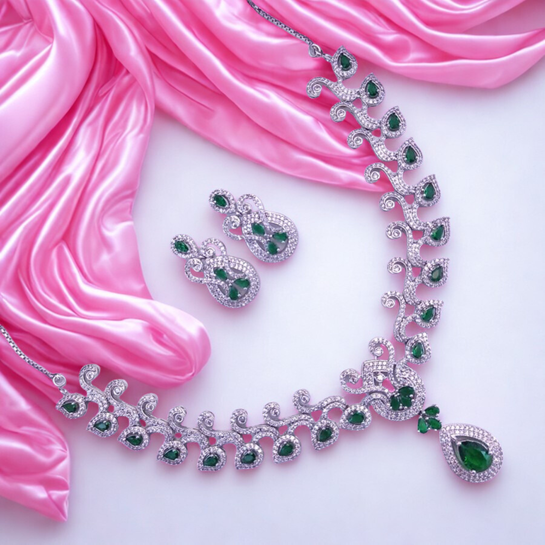 AmericanDiamondTeardropNecklaceSet-GREEN-ADNeck9609