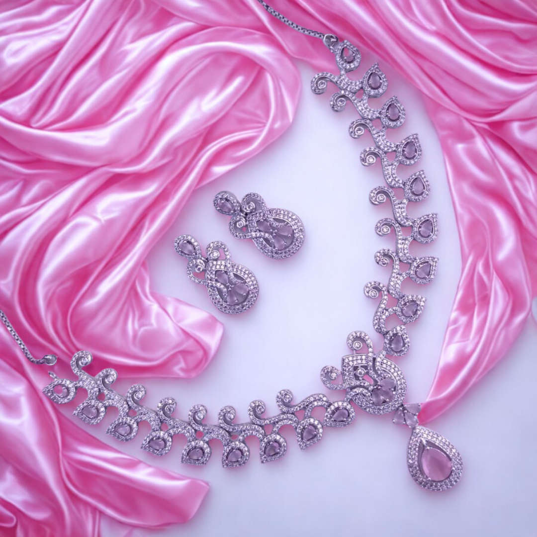 AmericanDiamondTeardropNecklaceSet-PINK-ADNeck9606