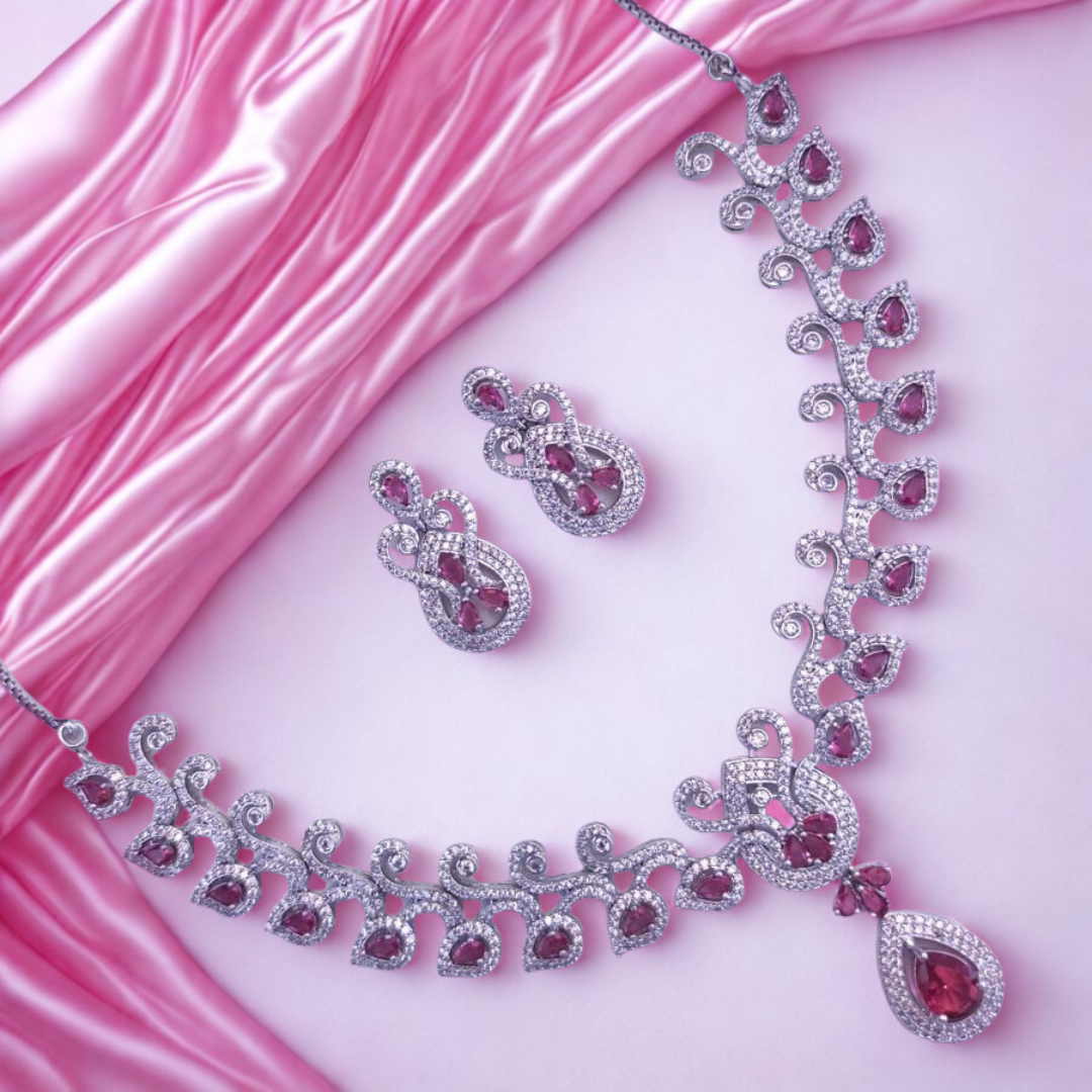 AmericanDiamondTeardropNecklaceSet-RED-ADNeck9608