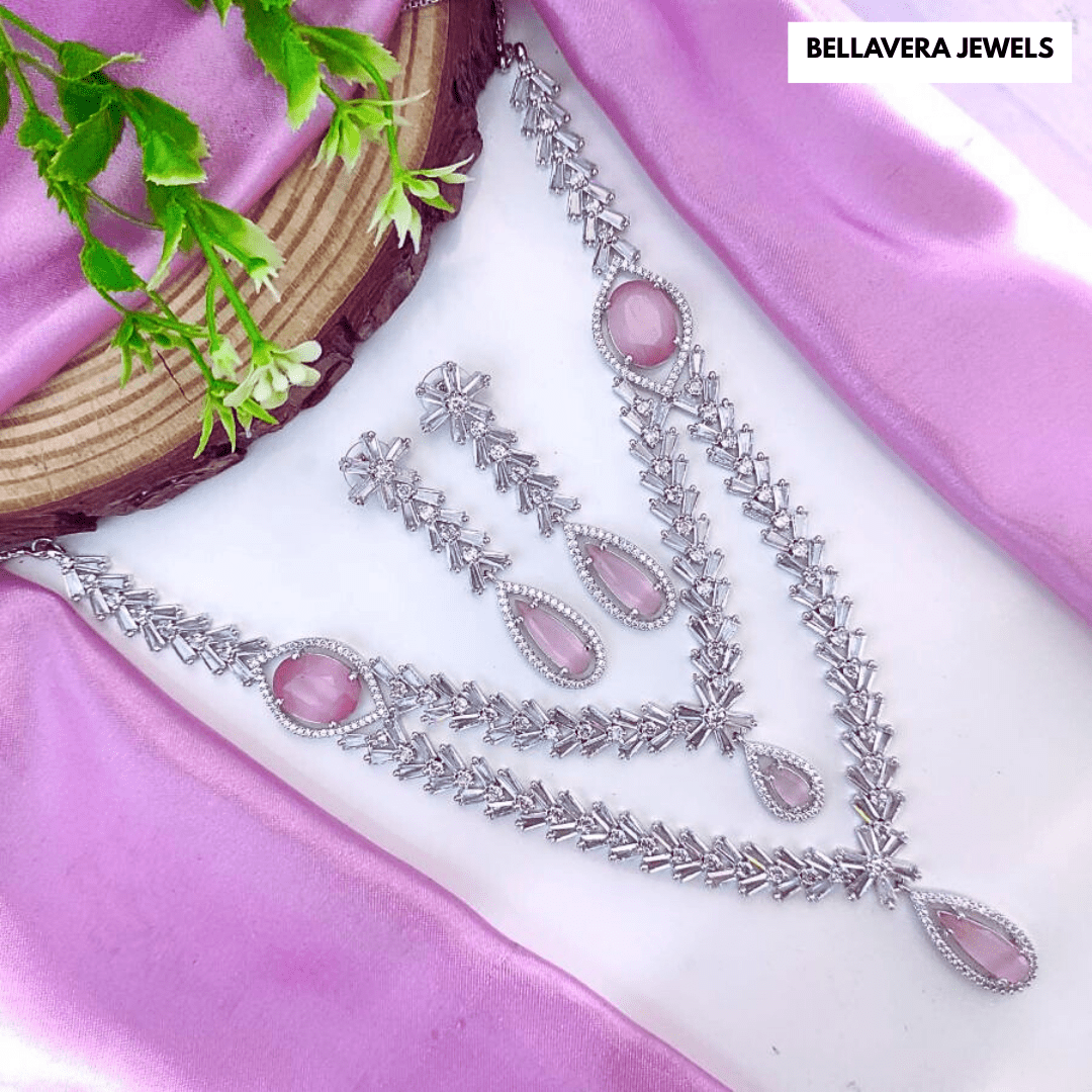 Amethyst Shine Designer American Diamond Necklace Set - Bellavera Jewels