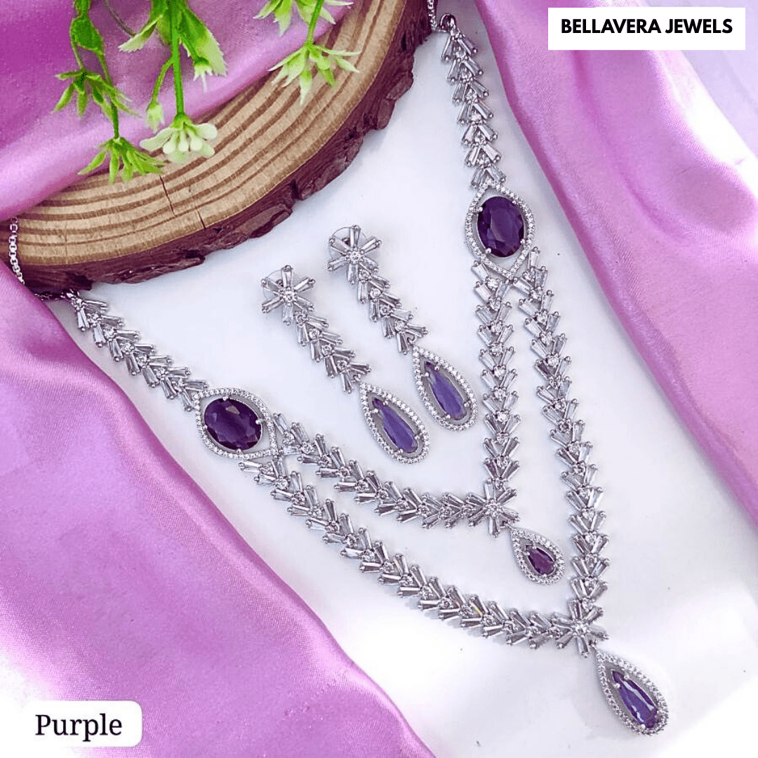Amethyst Shine Designer American Diamond Necklace Set - Bellavera Jewels
