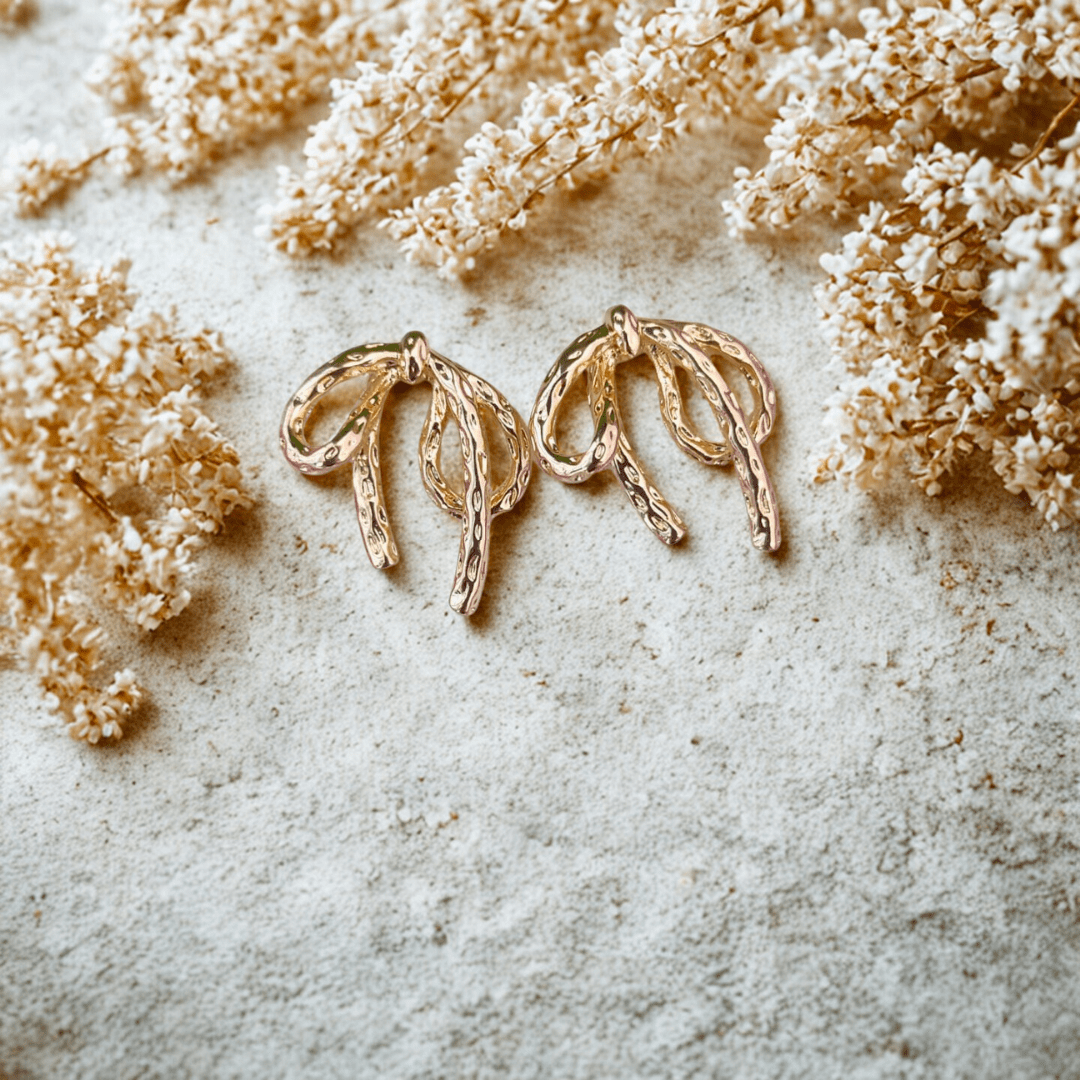 Anti - Tarnish Bow Earrings for Women - Textured Gold Polish Studs for Daily Party - wear - Bellavera Jewels