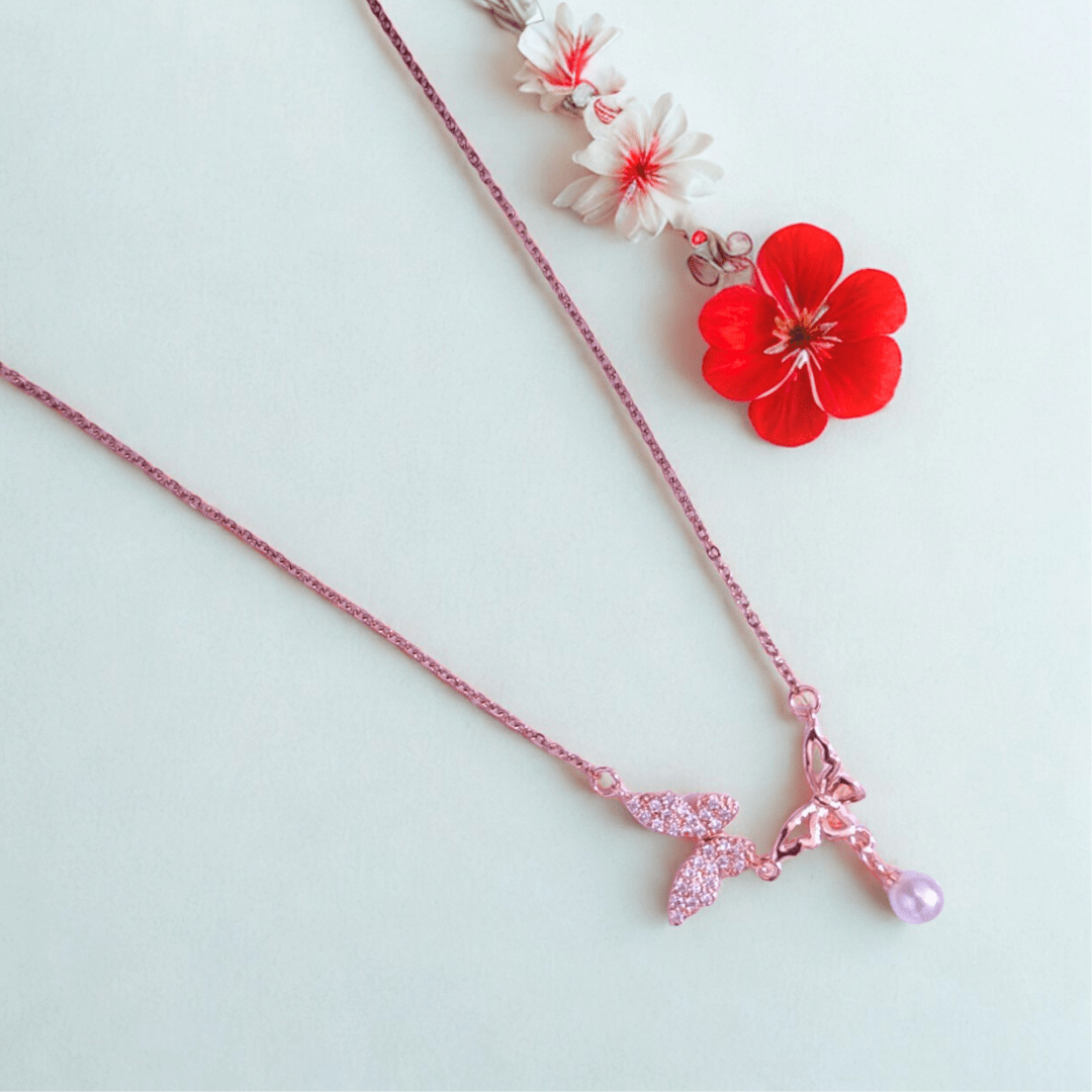 Anti - Tarnish Butterfly Pendant Necklace for Women - Pearl Drop Chain - Bellavera Jewels
