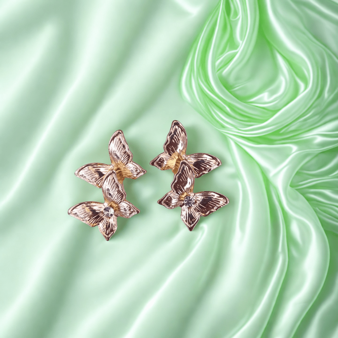 Anti - Tarnish Double Butterfly Earrings - Gold Finish with Crystal Accent - Bellavera Jewels