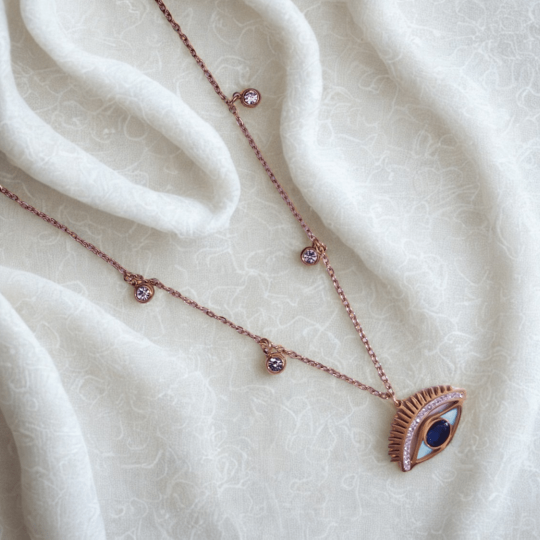 Anti - Tarnish Evil Eye Necklace Gold Plated Chain with Crystal Droplets - Stylish Western Wear Necklace - Bellavera Jewels