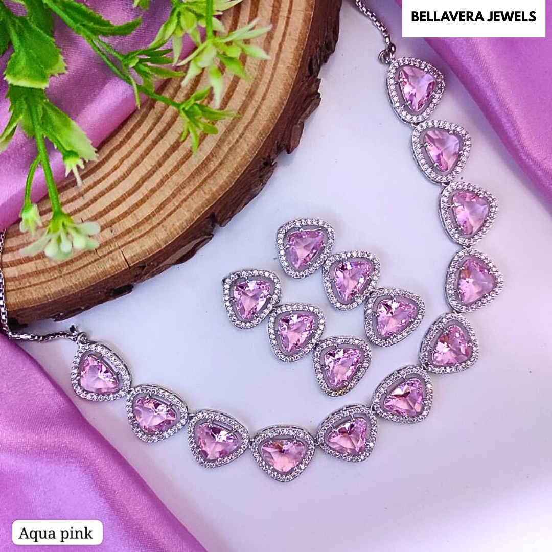 BoldHeartstoneNecklaceSet-AQUAPINK-ADNeck8530