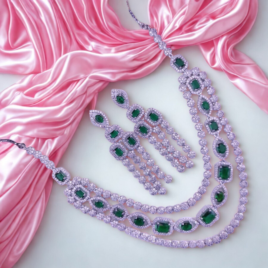 BridalGrandAmericanDiamondNecklaceSet-GREEN-ADNeck8917