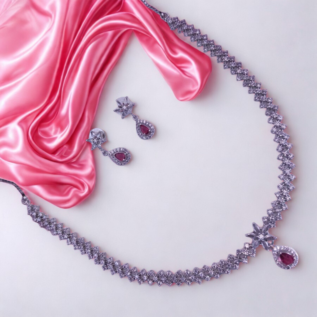 ElegantAmericanDiamondNecklaceSet-RED-ADNeck9493