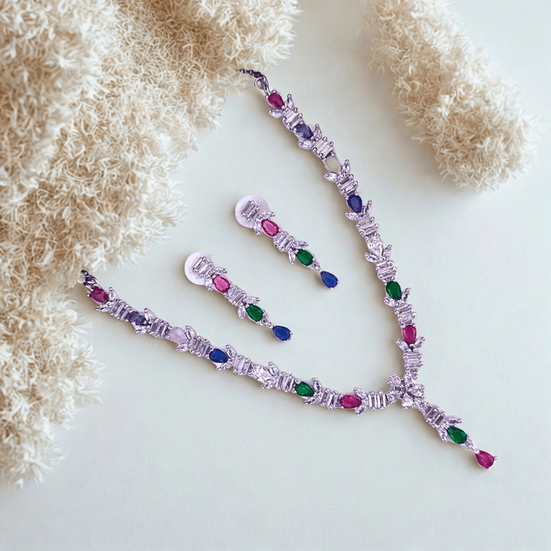 Elegant American Diamond Necklace Set with Teardrop CZ Accents | Party & Reception Wear Fashion Jewelry for Women - Bellavera Jewels