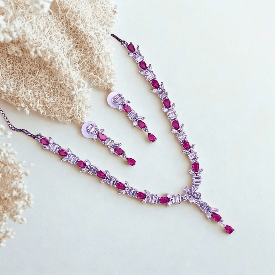 Elegant American Diamond Necklace Set with Teardrop CZ Accents | Party & Reception Wear Fashion Jewelry for Women - Bellavera Jewels