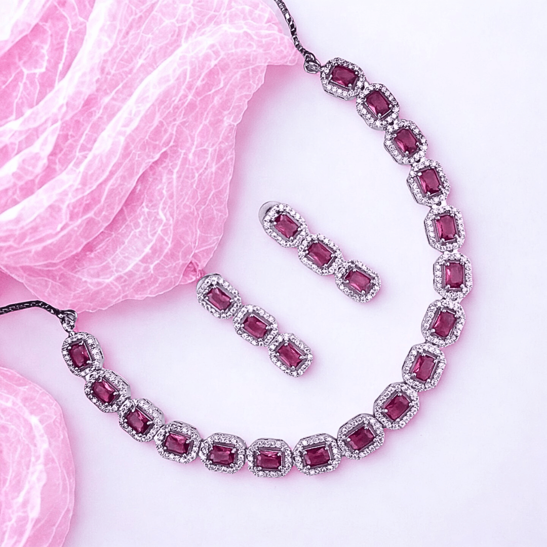 Elegant CZ Necklace Set with Radiant Gemstone Accents | American Diamond Party Jewelry for Women - Bellavera Jewels