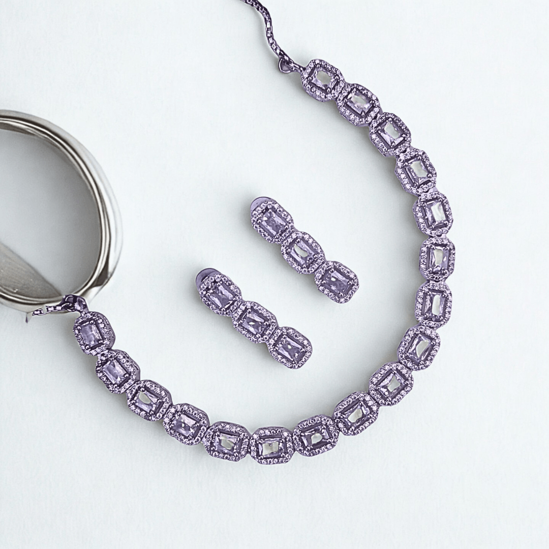 Elegant CZ Necklace Set with Radiant Gemstone Accents | American Diamond Party Jewelry for Women - Bellavera Jewels