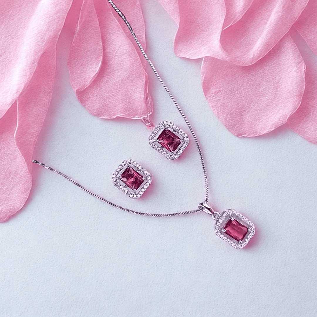 Elegant Emerald - Cut Pendant Necklace With Earing - Bellavera Jewels
