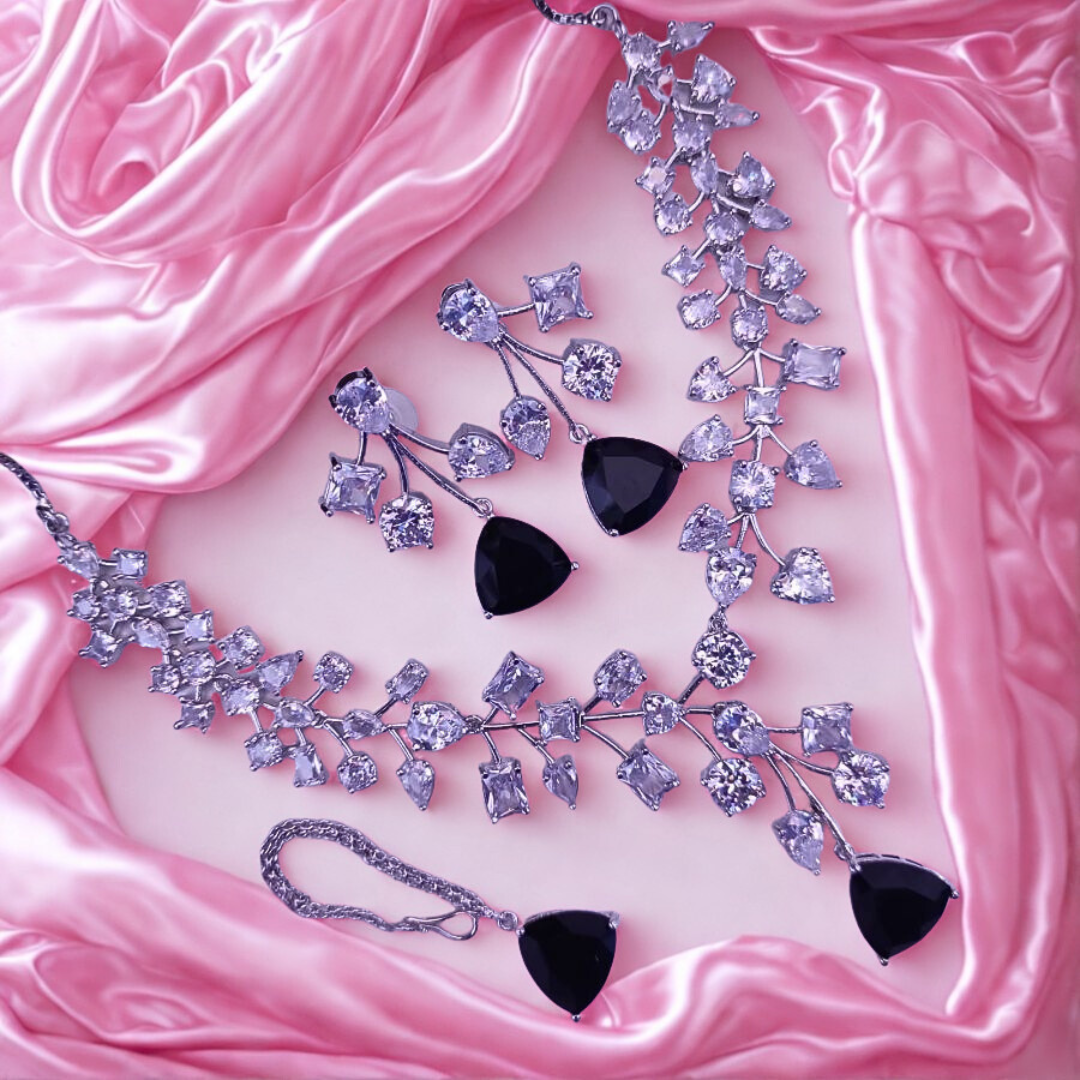 ElegantFloralAmericanDiamondNecklaceSet-BLACK-ADNeck8944