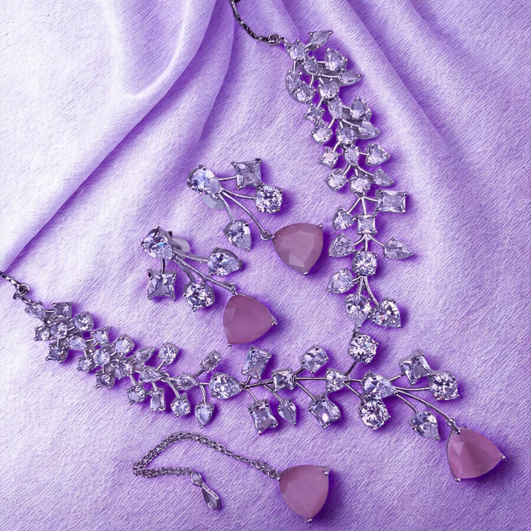 ElegantFloralAmericanDiamondNecklaceSet-PINK-ADNeck8946