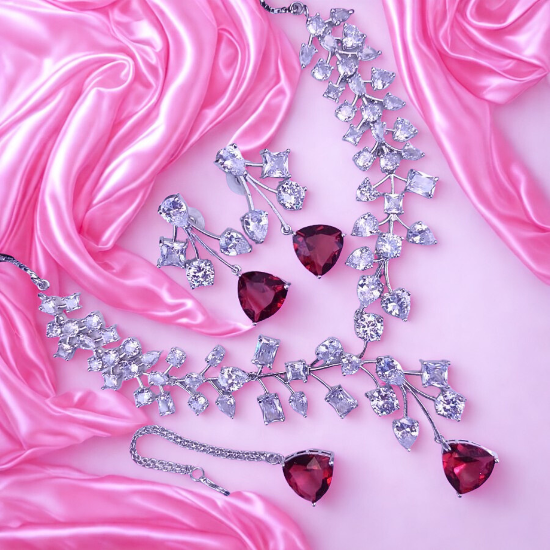 ElegantFloralAmericanDiamondNecklaceSet-RED-ADNeck8943