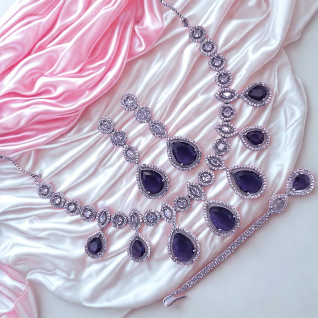 ElegantTeardropAmericanDiamondNecklaceSet-PURPLE-ADNeck9519