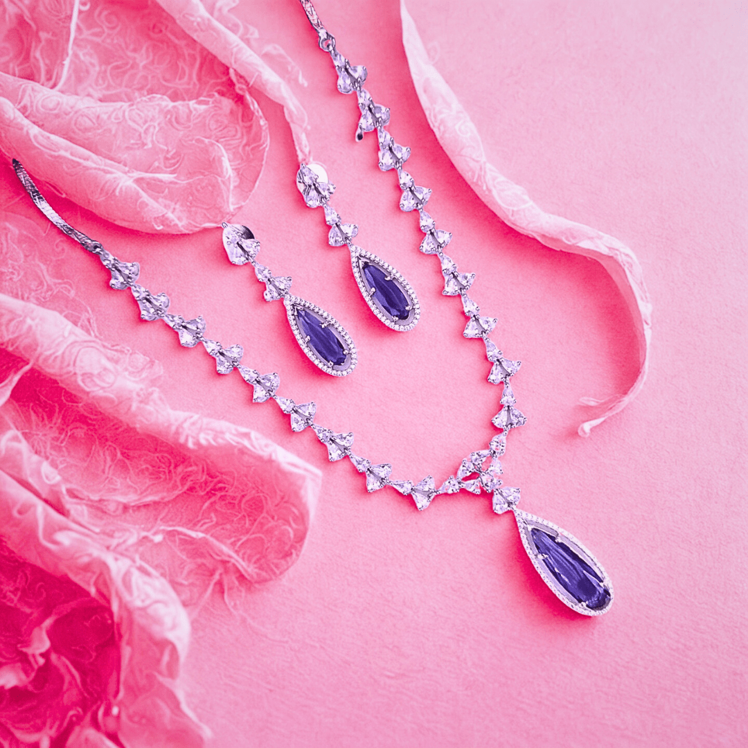 Elegant Teardrop American Diamond Necklace Set for Women | Designer Party Jewelry for Receptions & Festive Wear - Bellavera Jewels