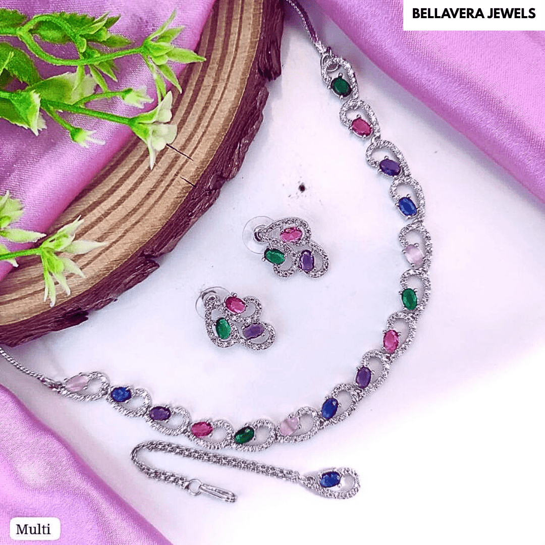 Elegant Teardrop CZ American Diamond Necklace Set - Bellavera Jewels