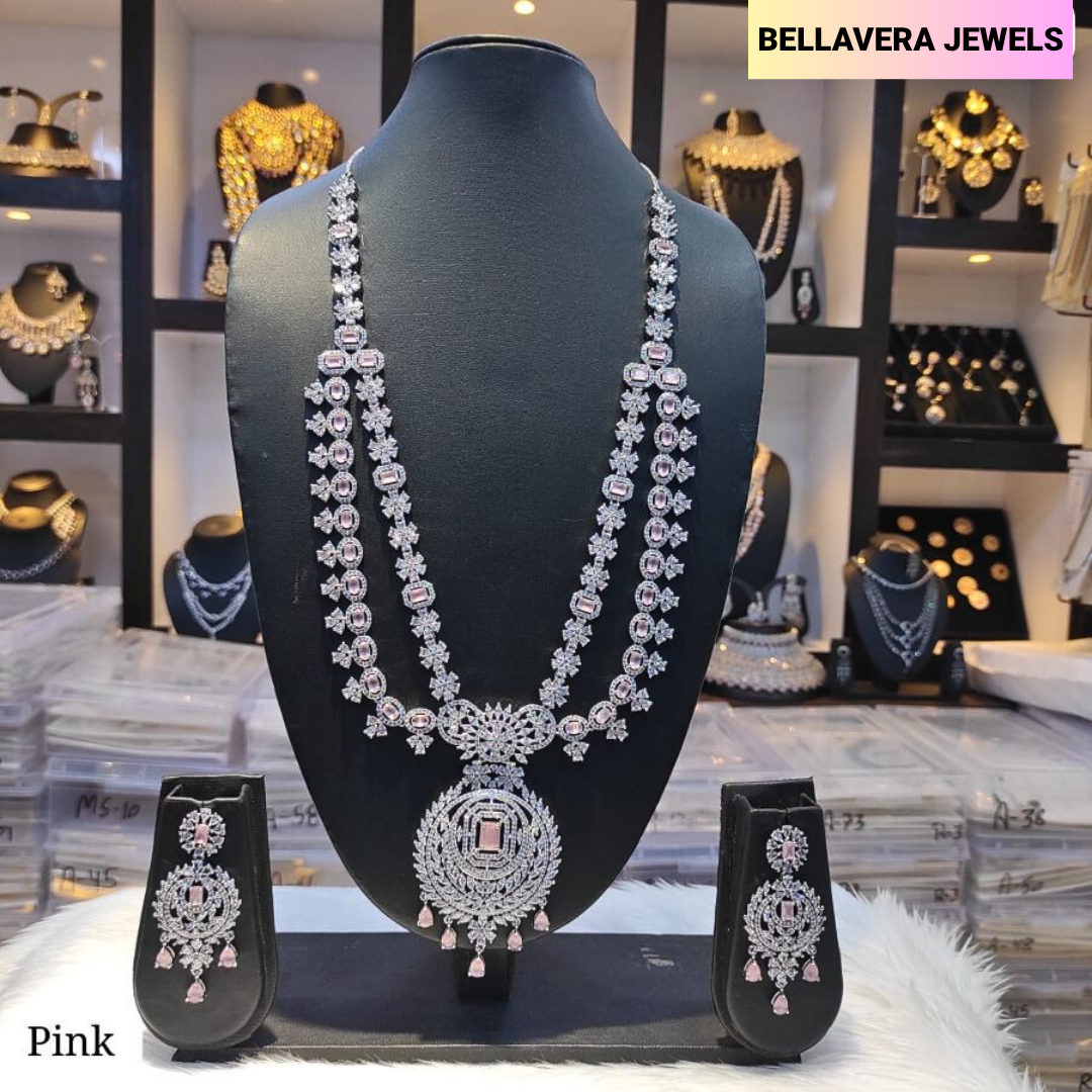 GrandBridalDoubleLayerAmericanDiamondNecklaceSet-PINK-ADNeck8970