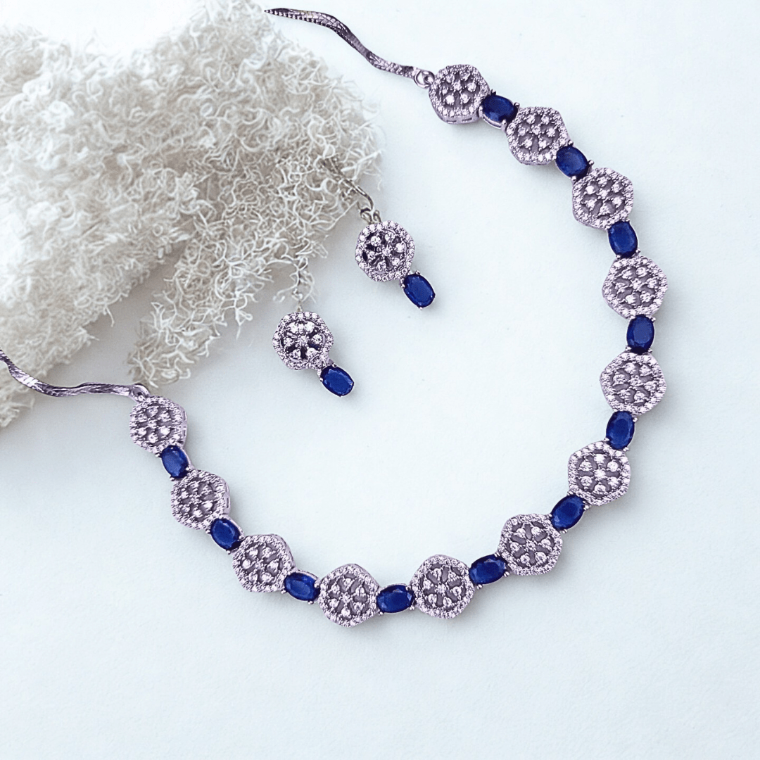 Hexagon - Cut CZ Necklace Set with Deep Violet Accents | Modern American Diamond Jewelry for Parties - Bellavera Jewels