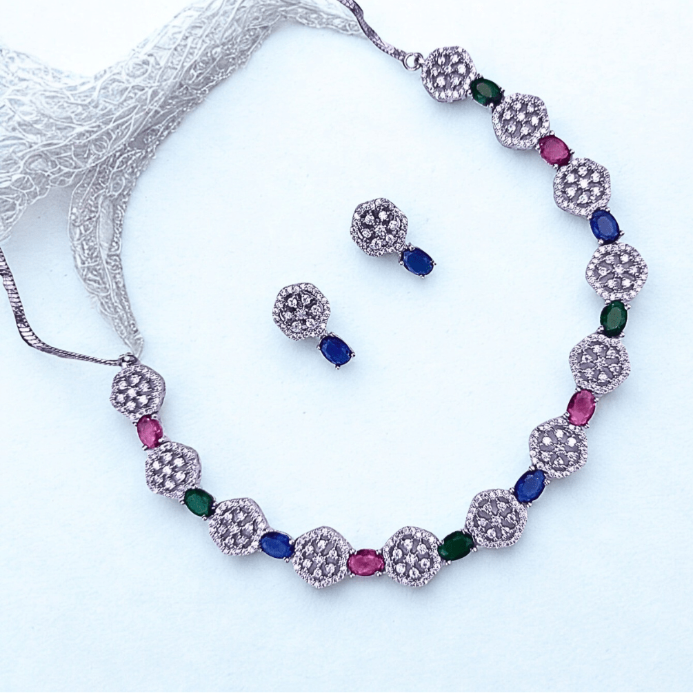 Hexagon - Cut CZ Necklace Set with Deep Violet Accents | Modern American Diamond Jewelry for Parties - Bellavera Jewels