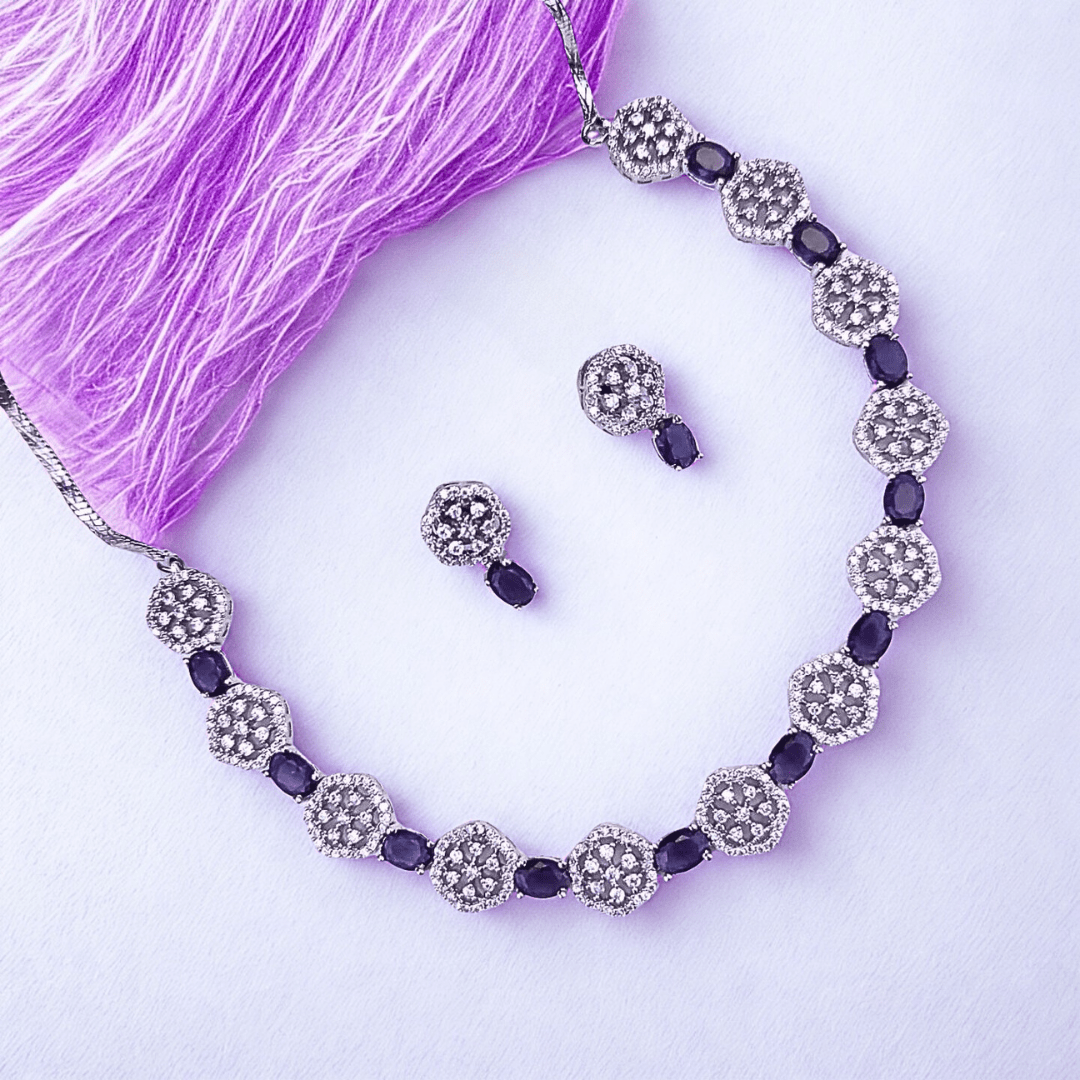 Hexagon - Cut CZ Necklace Set with Deep Violet Accents | Modern American Diamond Jewelry for Parties - Bellavera Jewels