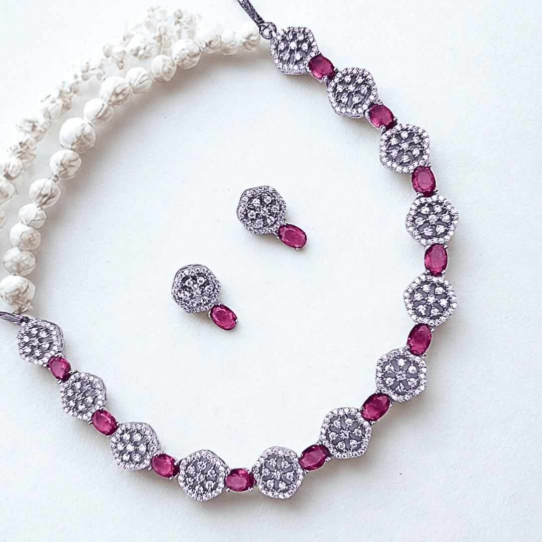Hexagon - Cut CZ Necklace Set with Deep Violet Accents | Modern American Diamond Jewelry for Parties - Bellavera Jewels