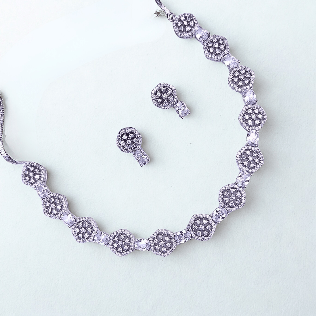 Hexagon - Cut CZ Necklace Set with Deep Violet Accents | Modern American Diamond Jewelry for Parties - Bellavera Jewels