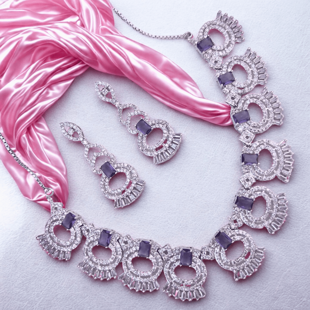 Royale American Diamond Neck lace Set with Earrings Party Wedding Wear Jewellery for Women - Bellavera Jewels