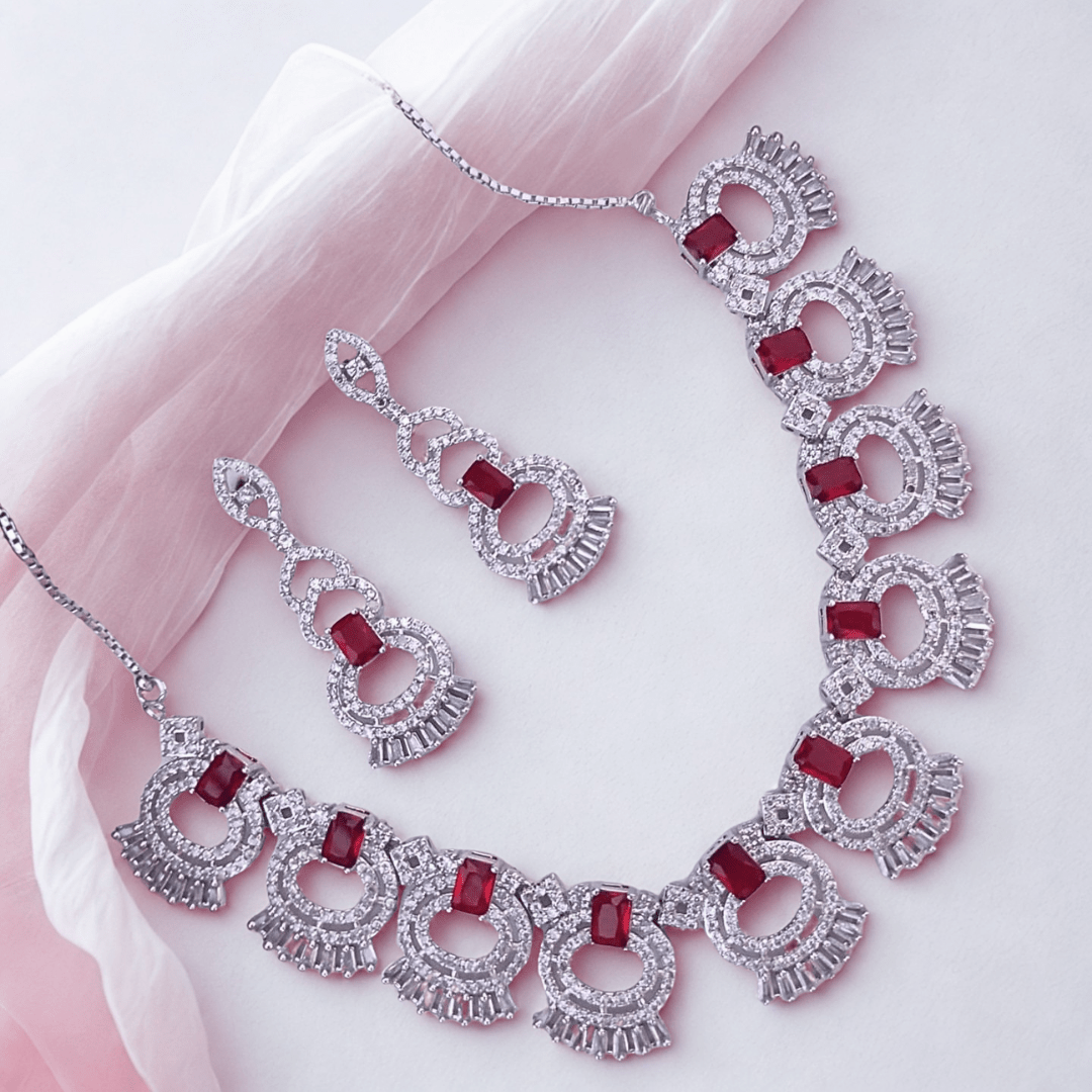 Royale American Diamond Neck lace Set with Earrings Party Wedding Wear Jewellery for Women - Bellavera Jewels