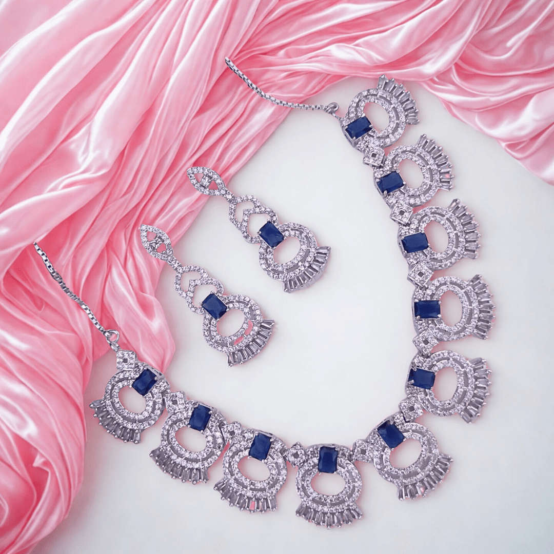 Royale American Diamond Neck lace Set with Earrings Party Wedding Wear Jewellery for Women - Bellavera Jewels