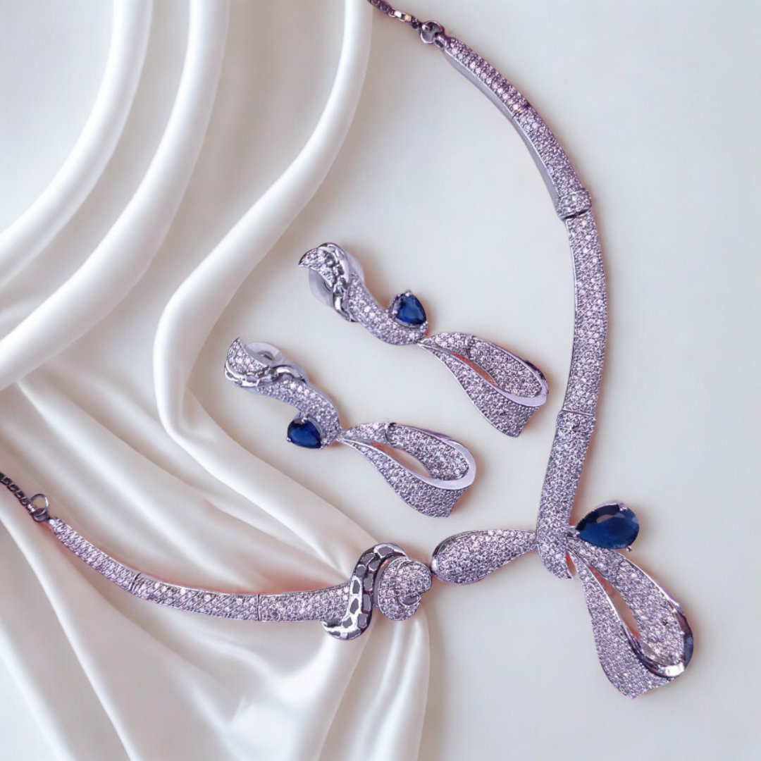 SculptedRibbonCZAmericanDiamondNecklaceSet-BLUE-ADNeck8996
