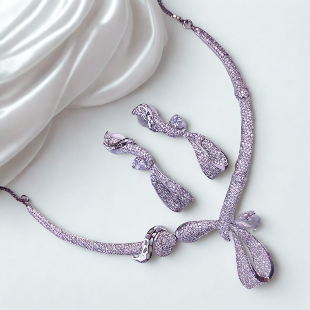 SculptedRibbonCZAmericanDiamondNecklaceSet-WHITE-ADNeck8995