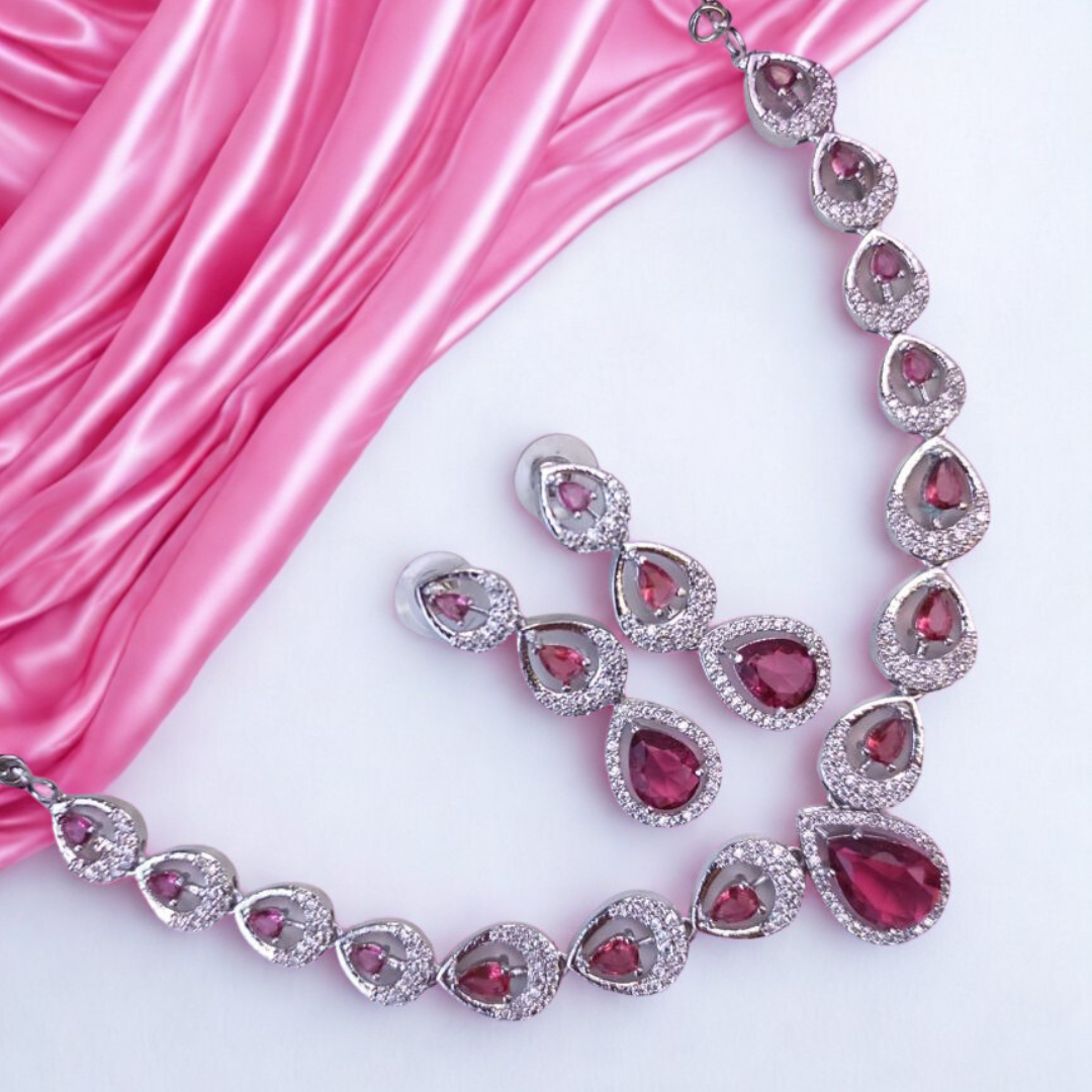 TeardropAmericanDiamondNecklaceSet-RED-ADNeck9059