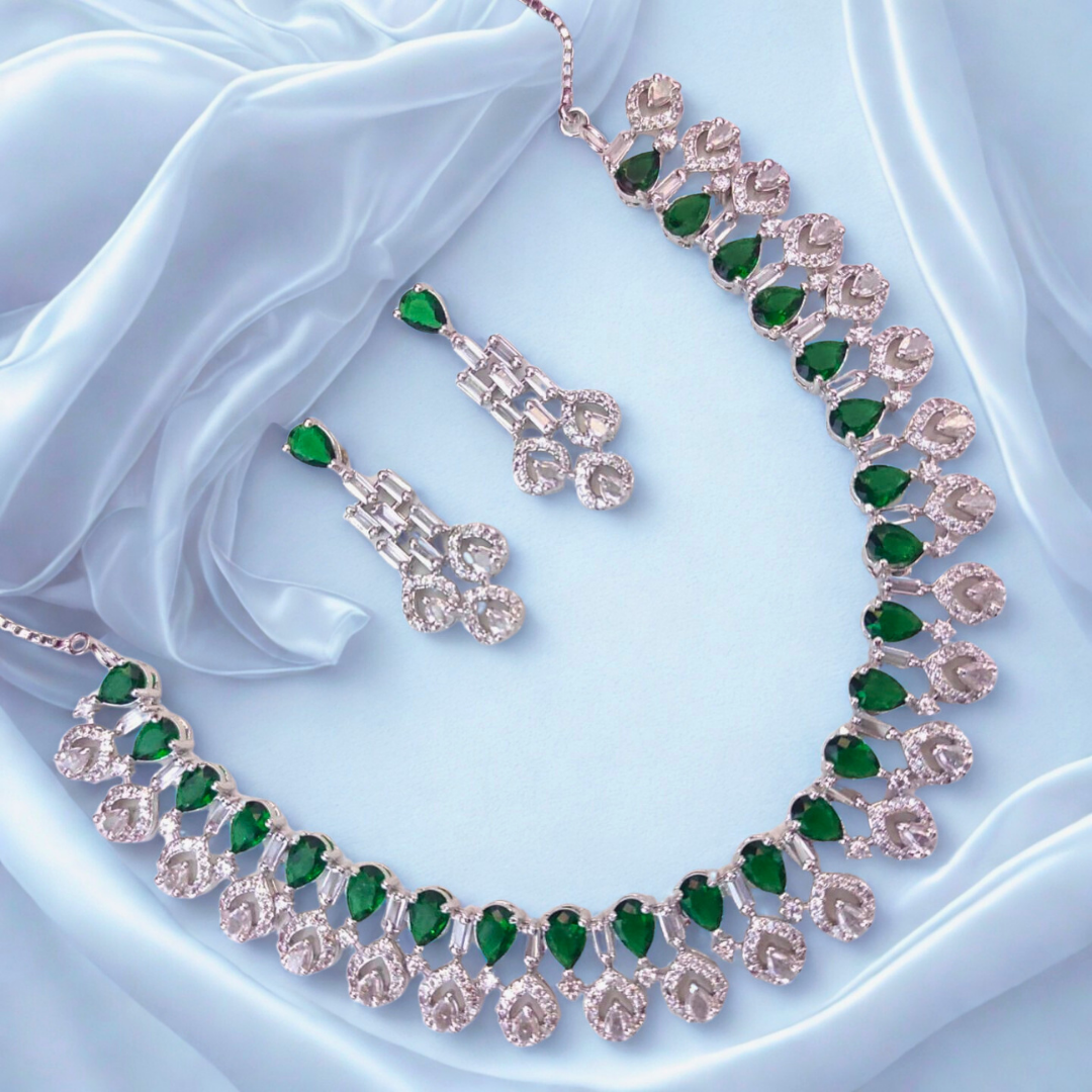Tear drop Cluster American Diamond Necklace Set Bridal Occasion Wear Jewellery