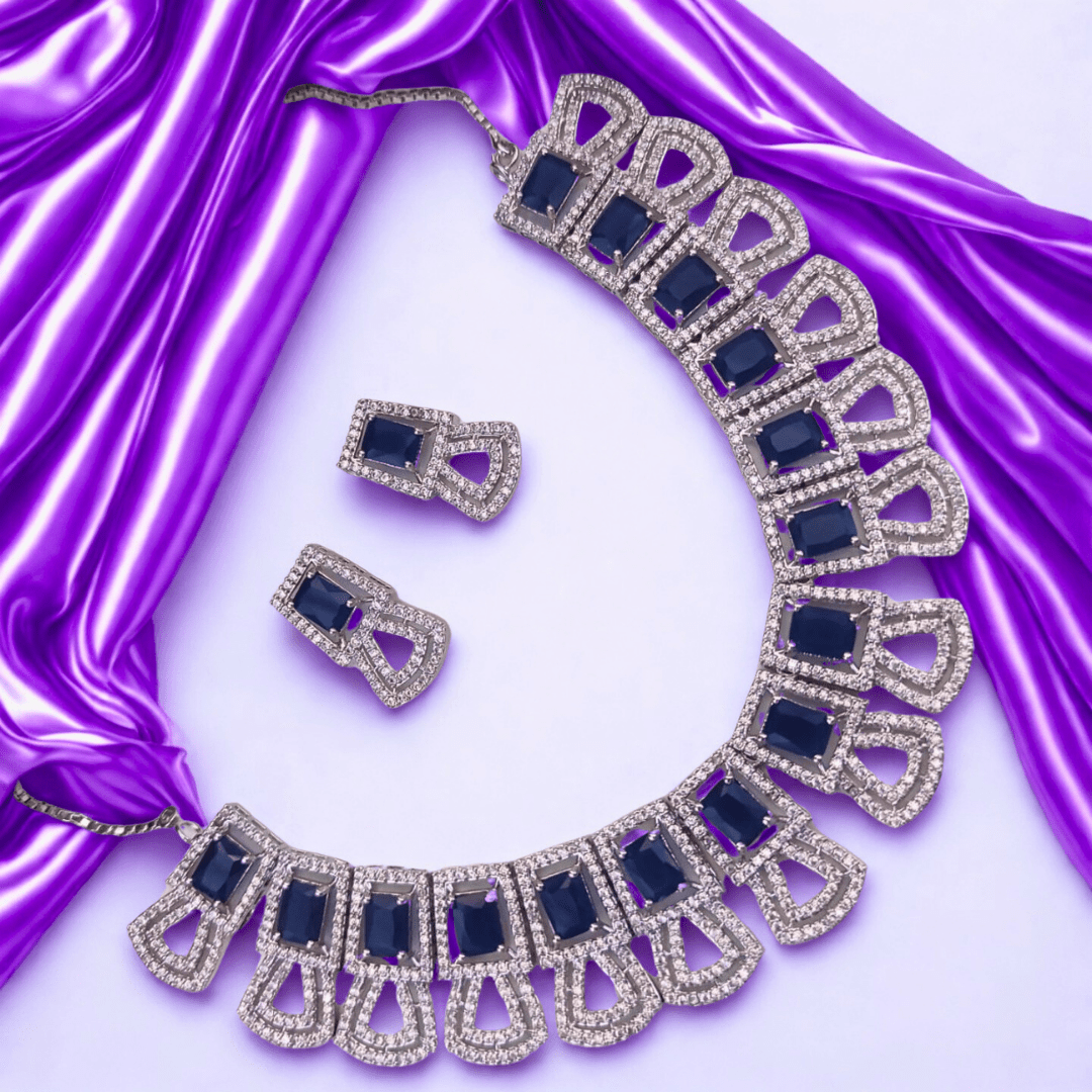 American Diamond Geometric Choker Necklace Set for Women - Pastel Stone Bridal Party Wear Jewellery - Bellavera Jewels