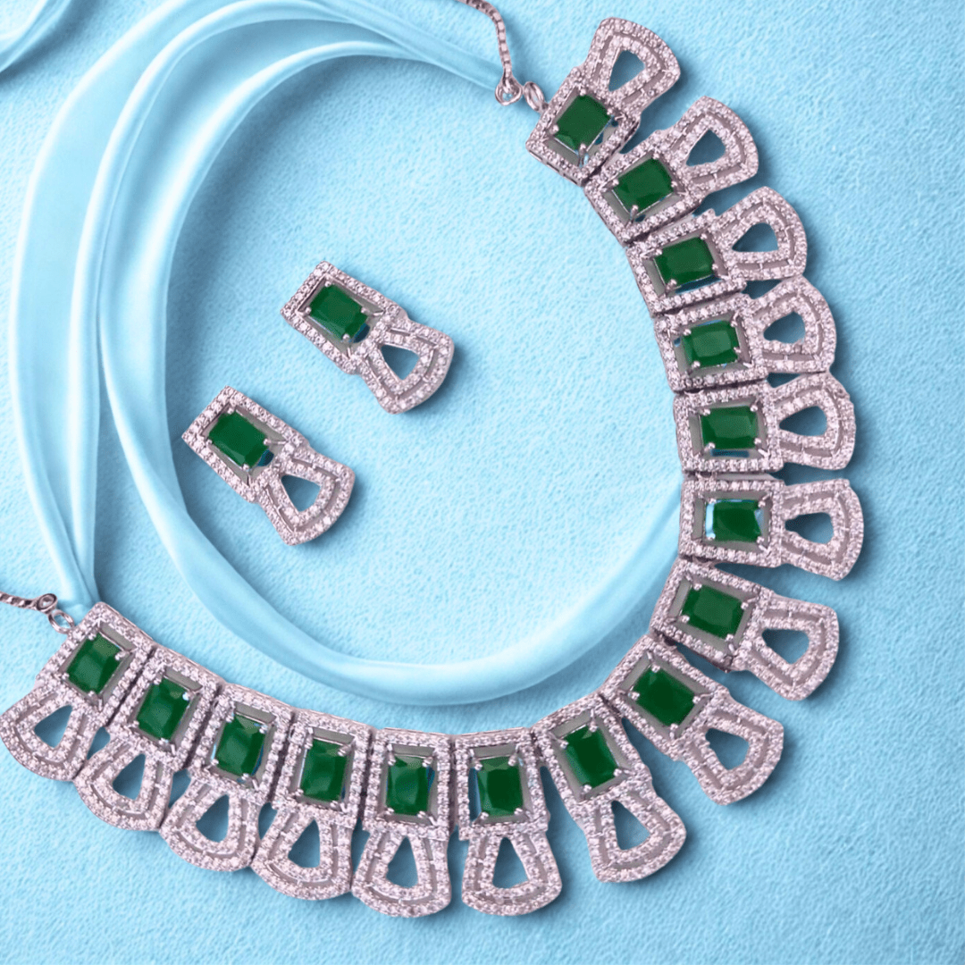 American Diamond Geometric Choker Necklace Set for Women - Pastel Stone Bridal Party Wear Jewellery - Bellavera Jewels