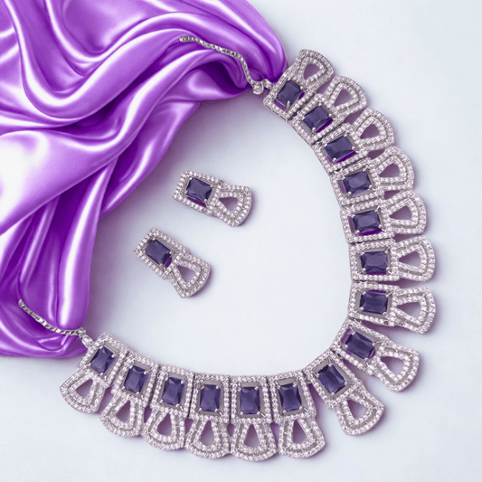 American Diamond Geometric Choker Necklace Set for Women - Pastel Stone Bridal Party Wear Jewellery - Bellavera Jewels